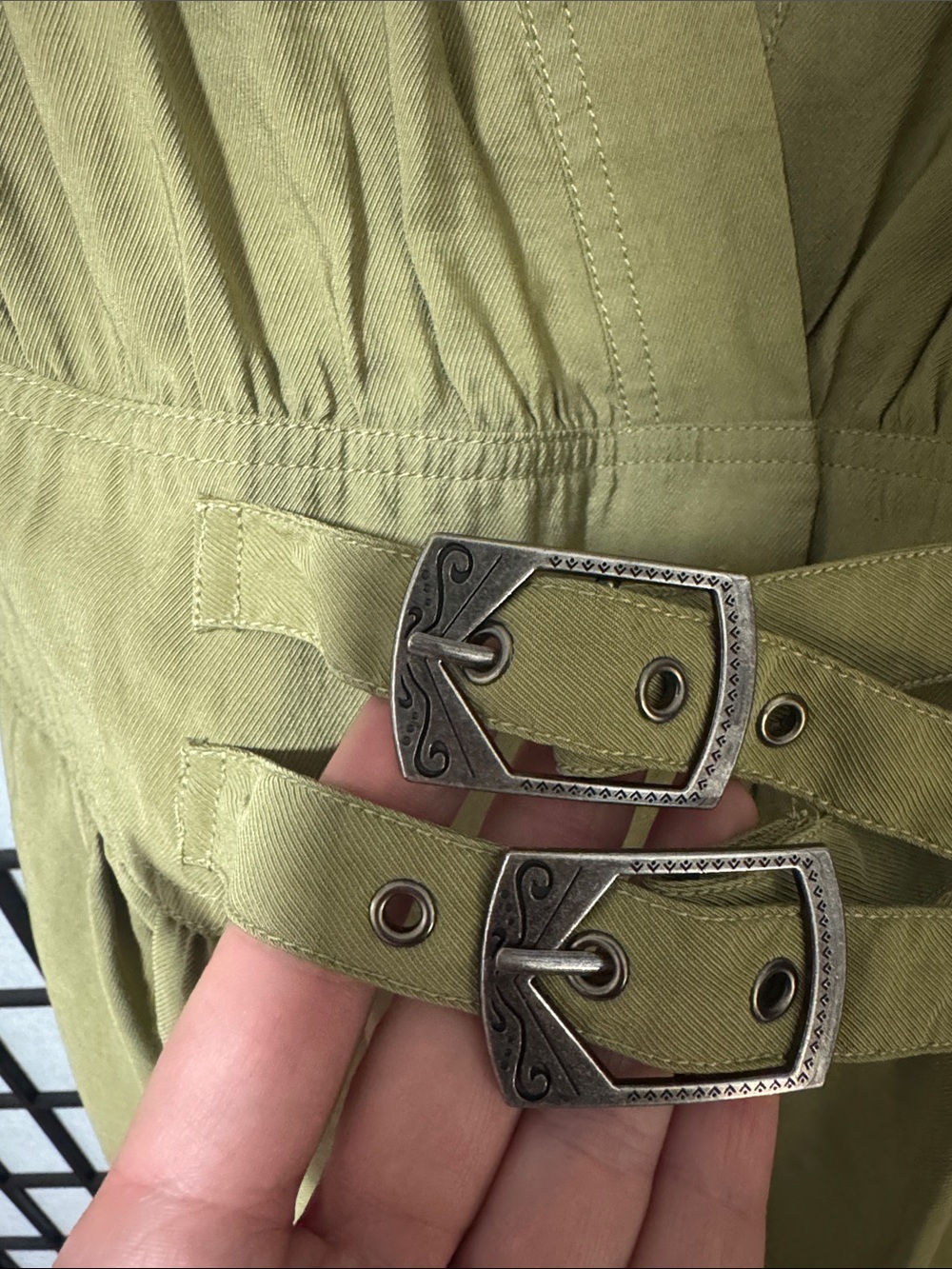 ba&sh Dove Olive Green Wrap Midi Dress with Double Buckle Waist - Picture 9 of 16